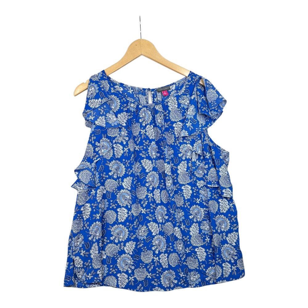 Vince Camuto Floral‎ Rufffle Edge Sleeveless Blouse size 1X Blue/White